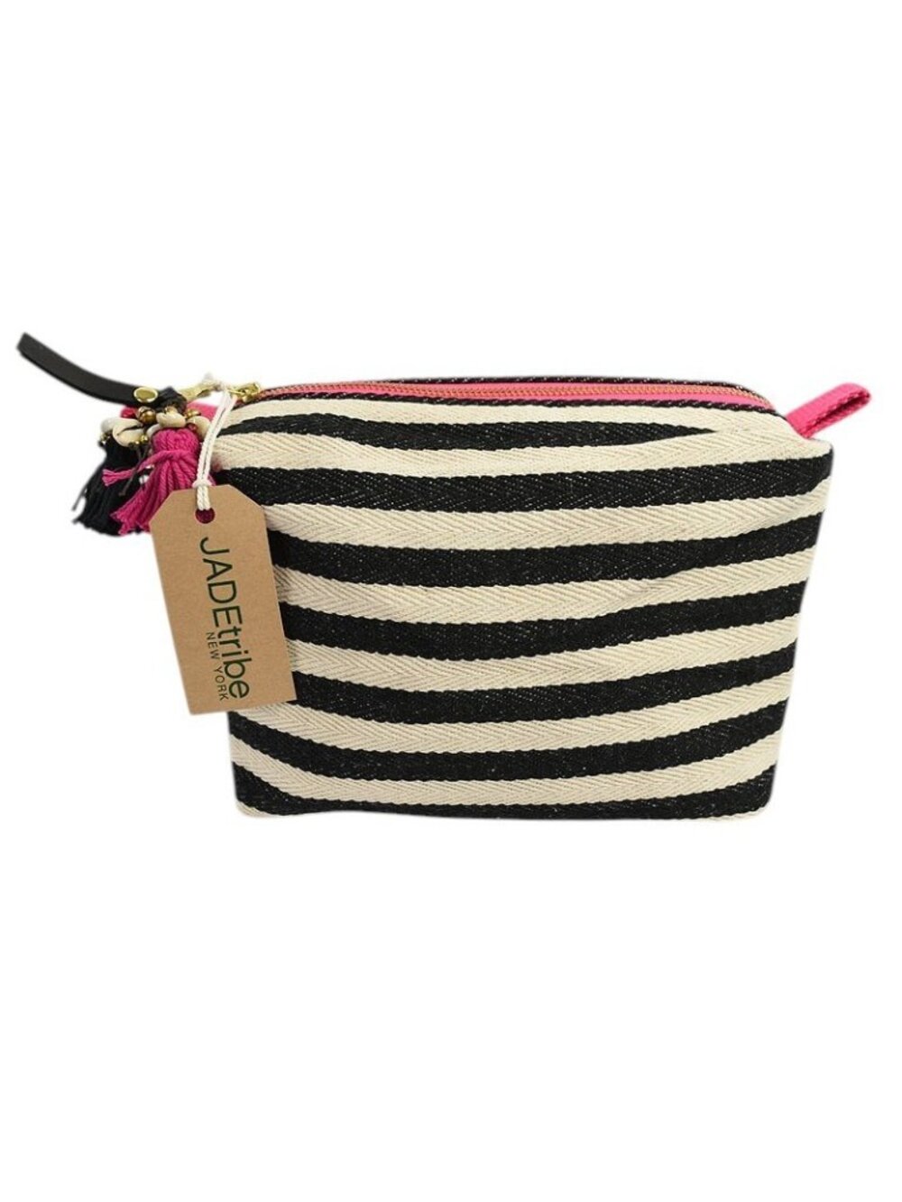 JADETRIBE Black Ivory Stripe VALERIE Large Hand Woven Cotton Cosmetic Bag NWT